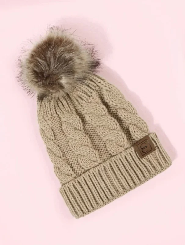 Khaki Beanie With Pom Pom