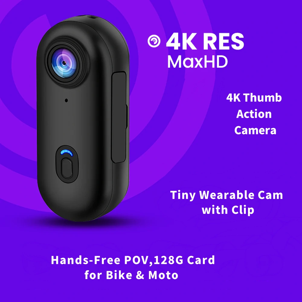 4K Thumb Action Camera – Tiny Wearable Cam with Clip, Hands-Free POV, 128G Card, for Bike & Moto