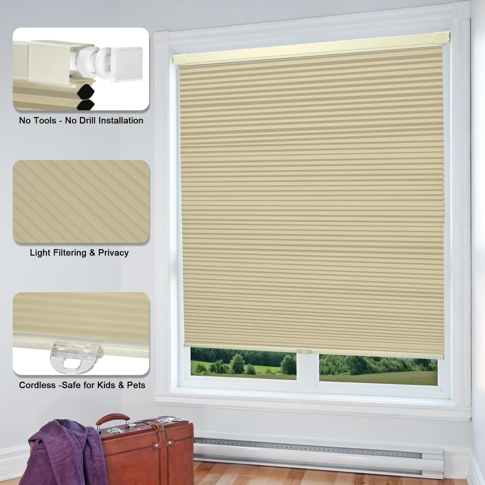 Cordless Cellular Shades, No Drill Honeycomb Blinds, Blackout & Thermal Insulation, Easy Install Cordless Cellular Shades, No Drill Honeycomb Blinds, Blackout & Thermal Insulation, Easy Install