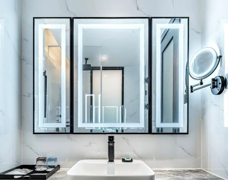 LED Lighted Bathroom Mirror, Smart Folding Wall Mirror, Backlit Vanity Mirror with Black Aluminum Frame LED Lighted Bathroom Mirror, Smart Folding Wall Mirror, Backlit Vanity Mirror with Black Aluminum Frame